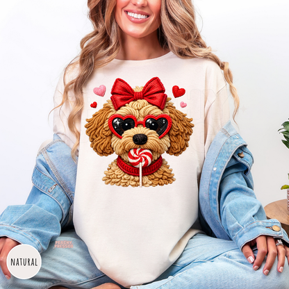 Natural sweatshirt featuring a cute puppy wearing heart-shaped sunglasses, a red bow, and holding a peppermint lollipop for Valentine's Day.