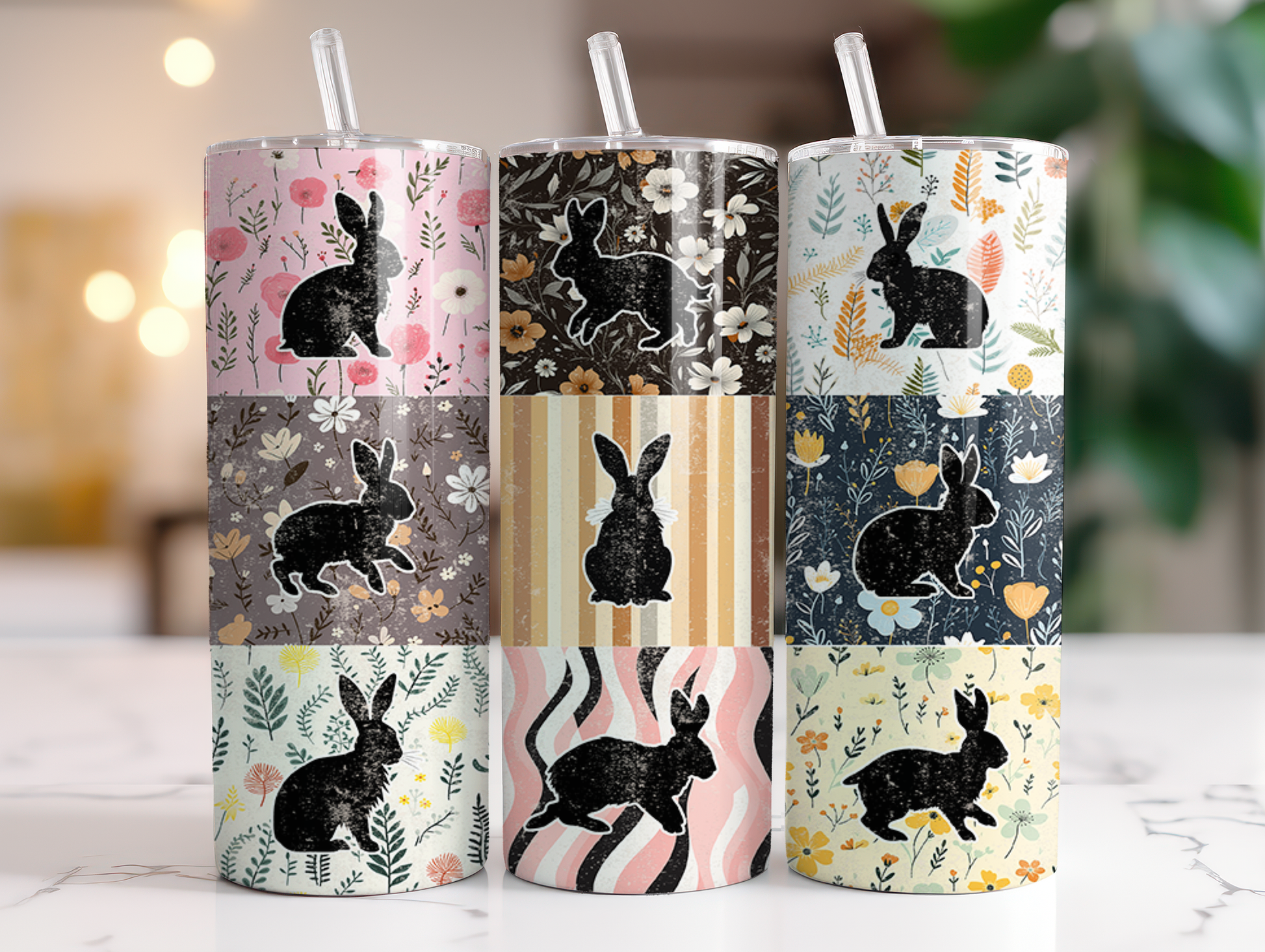 20oz skinny tumbler with vintage bunny silhouettes, floral patchwork squares, and neutral Easter spring patterns.