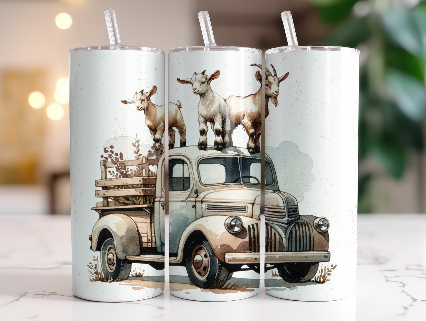 Vintage farm truck tumbler featuring adorable baby goats riding in and on an old pickup truck.