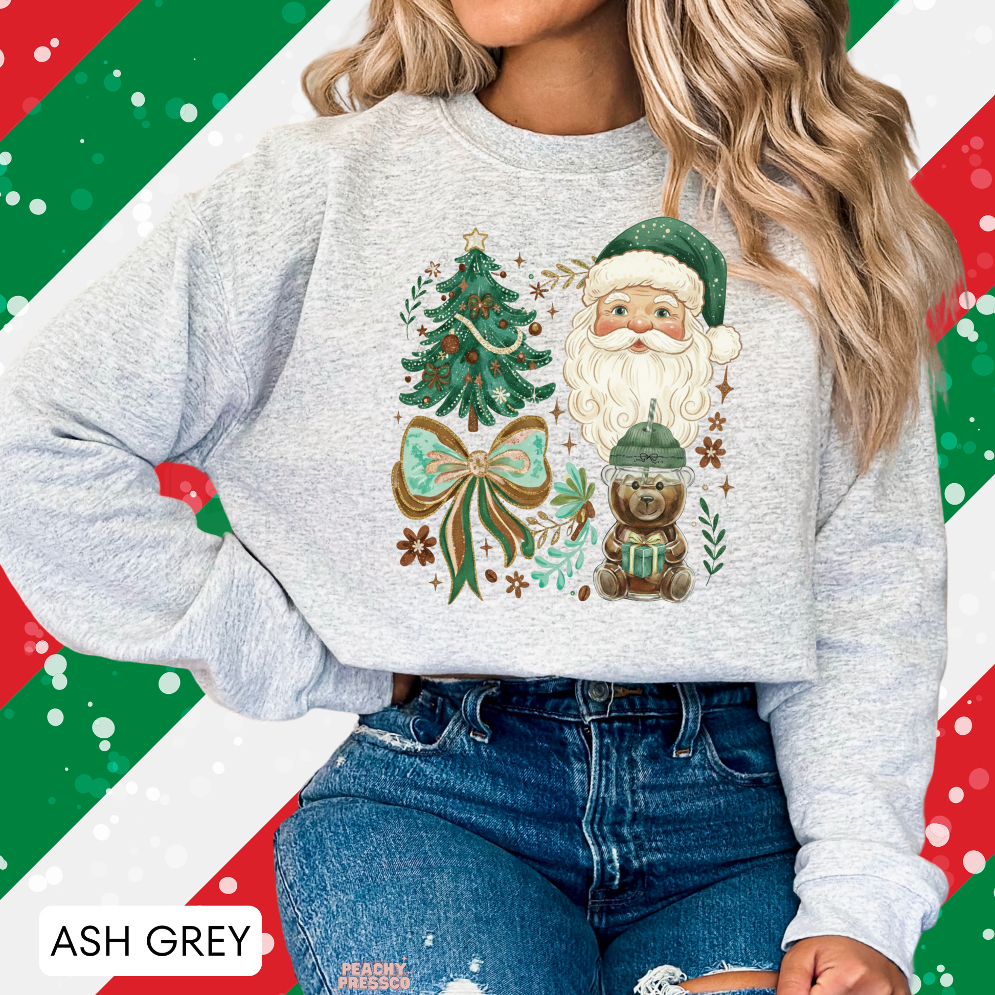 Women wearing an ash grey vintage green Santa Claus sweatshirt paired with blue denim jeans.