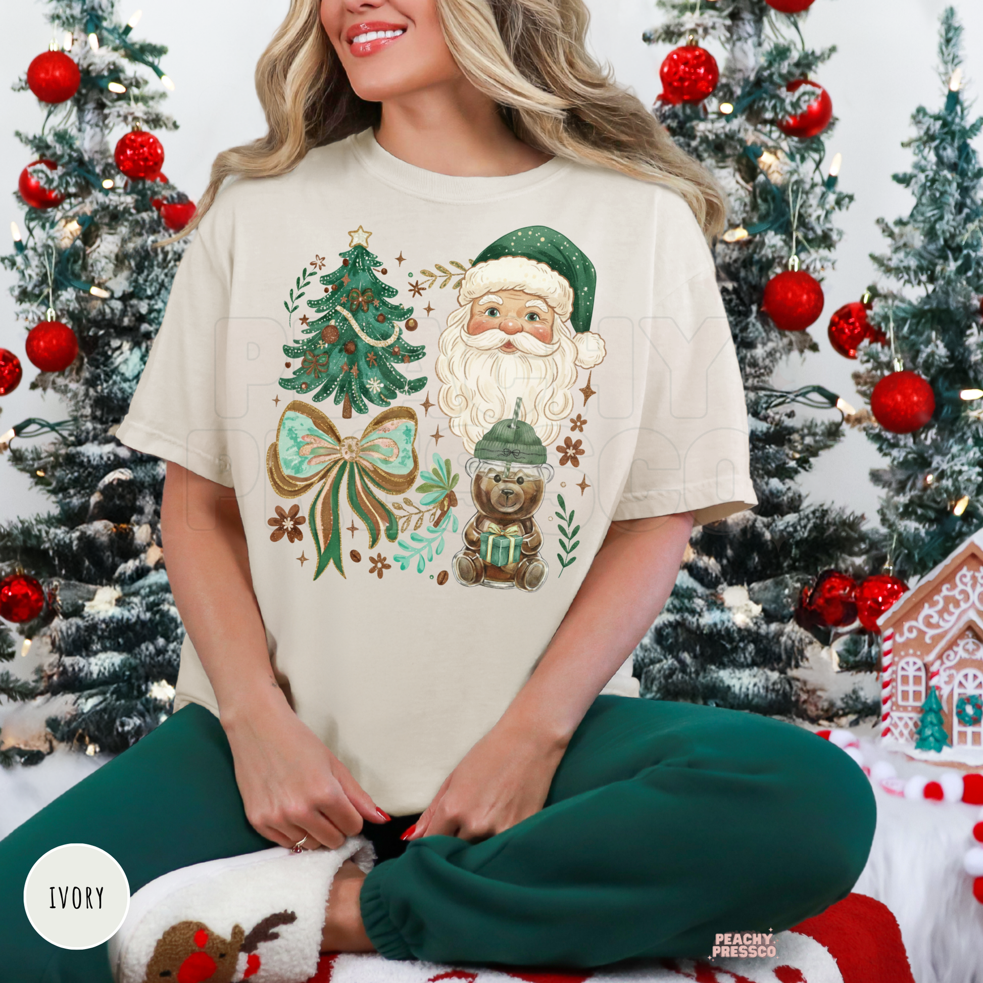 Woman wearing an ivory vintage green Santa t-shirt featuring a Christmas tree, green ribbon bow, and coffee teddy bear graphic.