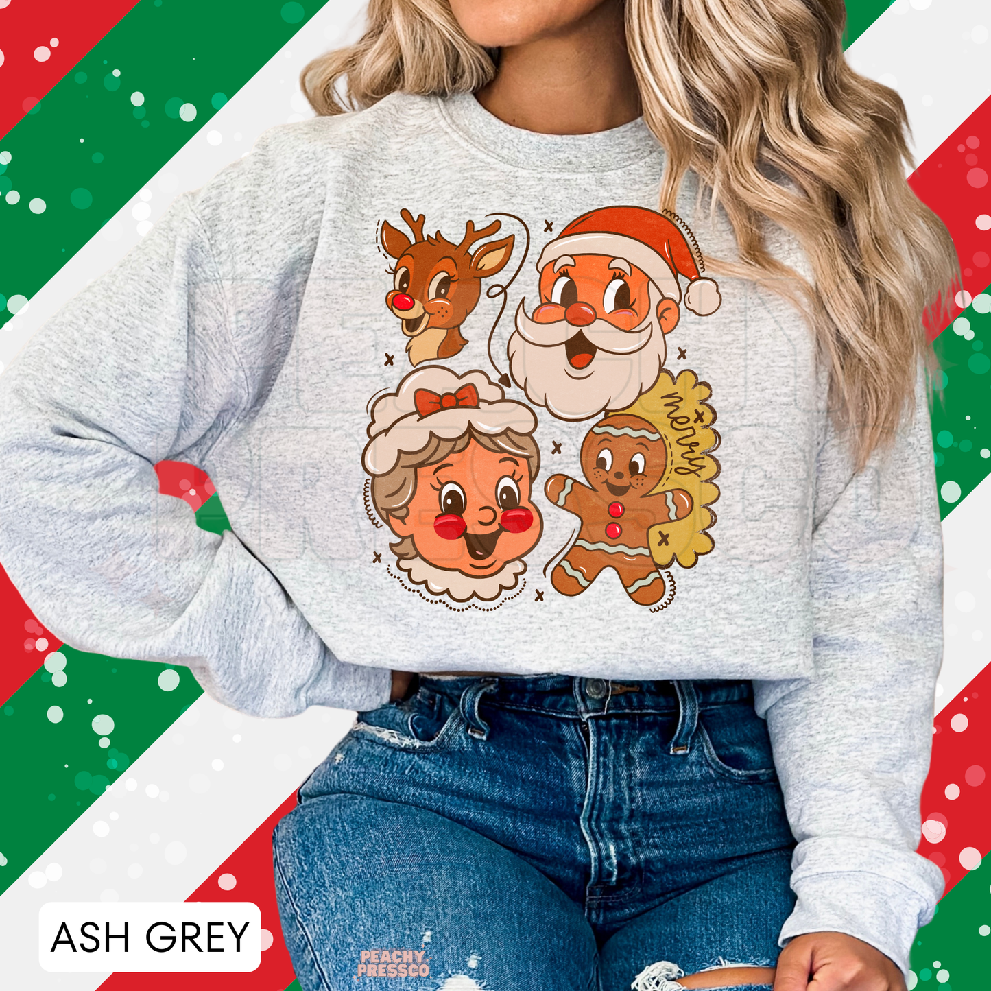 Women wearing an ash grey crewneck sweatshirt featuring vintage cartoon Santa, Mrs. Claus, reindeer, and gingerbread characters.