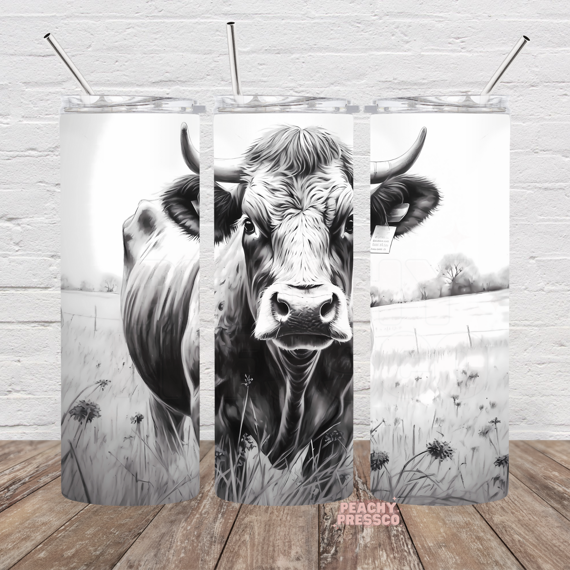 Watercolor black and white cow standing in a peaceful pasture on a farmhouse-style 20oz skinny tumbler.