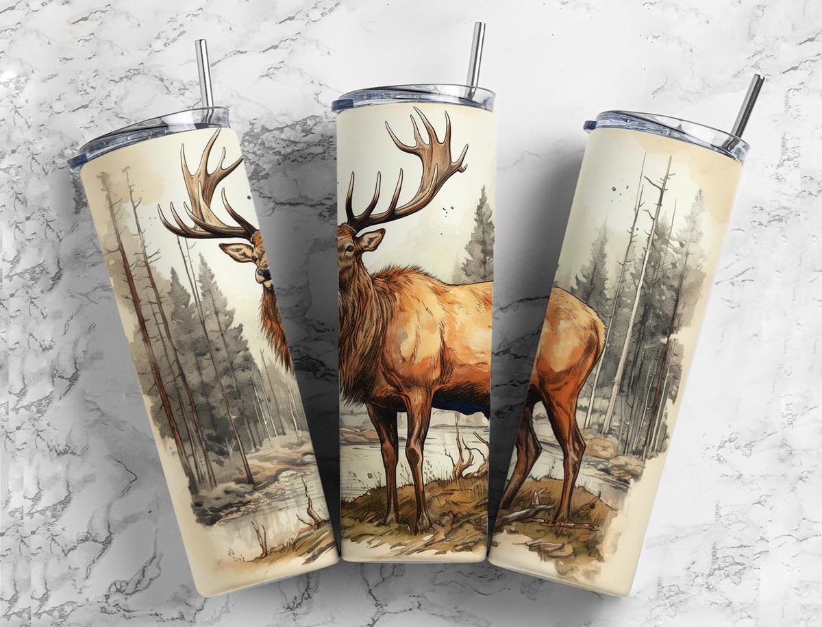 20oz skinny tumbler featuring a watercolor elk standing in a peaceful woodland forest scene.