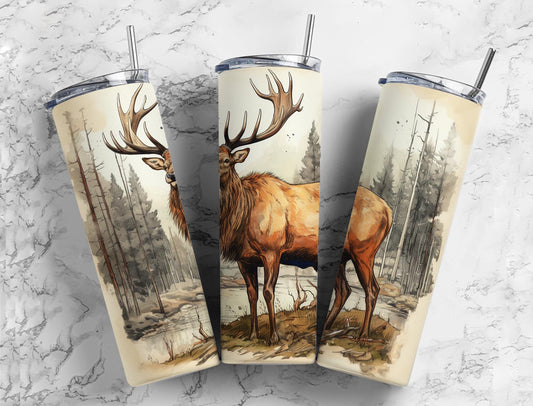 20oz skinny tumbler featuring a watercolor elk standing in a peaceful woodland forest scene.