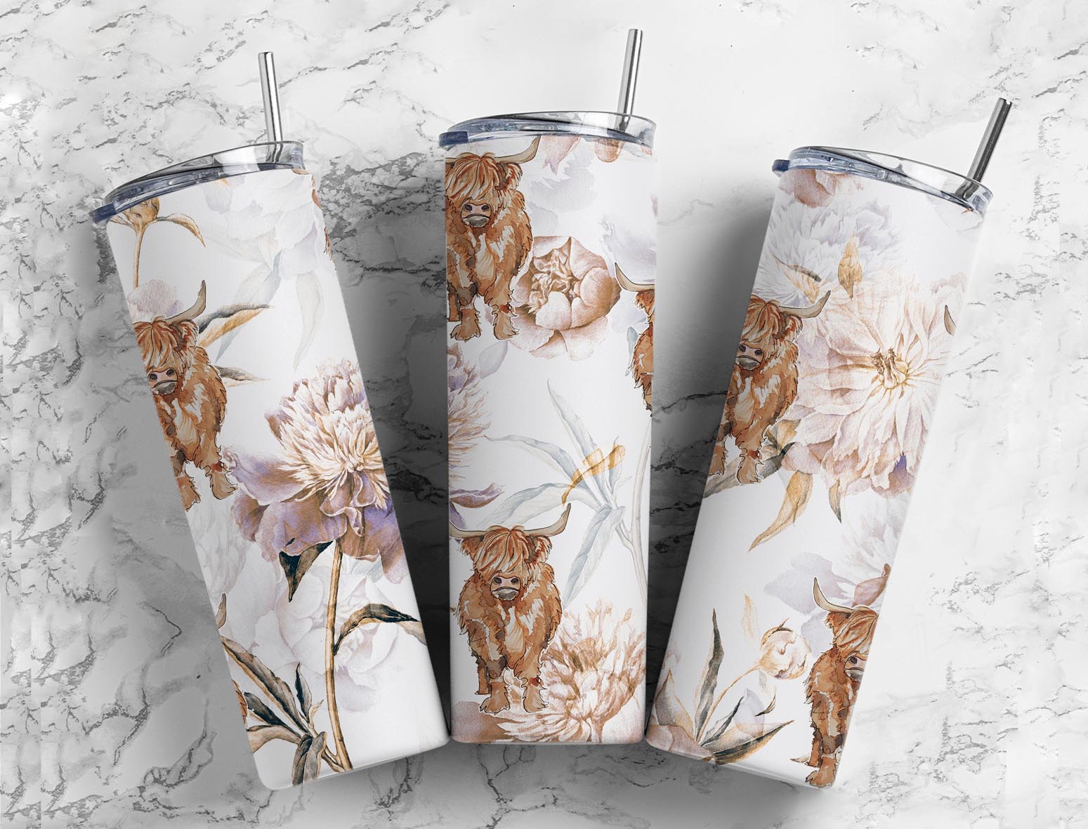 Watercolor floral Highland cow 20oz skinny tumbler featuring adorable Highland cattle surrounded by soft neutral flowers on a white background with a stainless steel straw and clear lid.