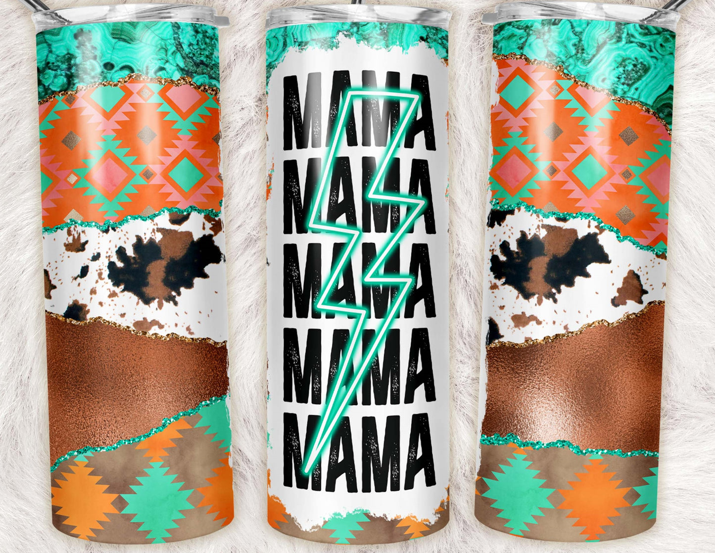 20oz skinny tumbler featuring turquoise marble, Aztec print, cowhide, copper glitter, and Mama lightning bolt design.