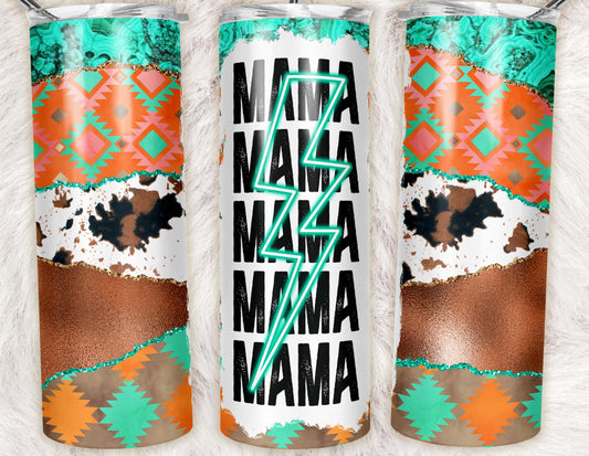 20oz skinny tumbler featuring turquoise marble, Aztec print, cowhide, copper glitter, and Mama lightning bolt design.