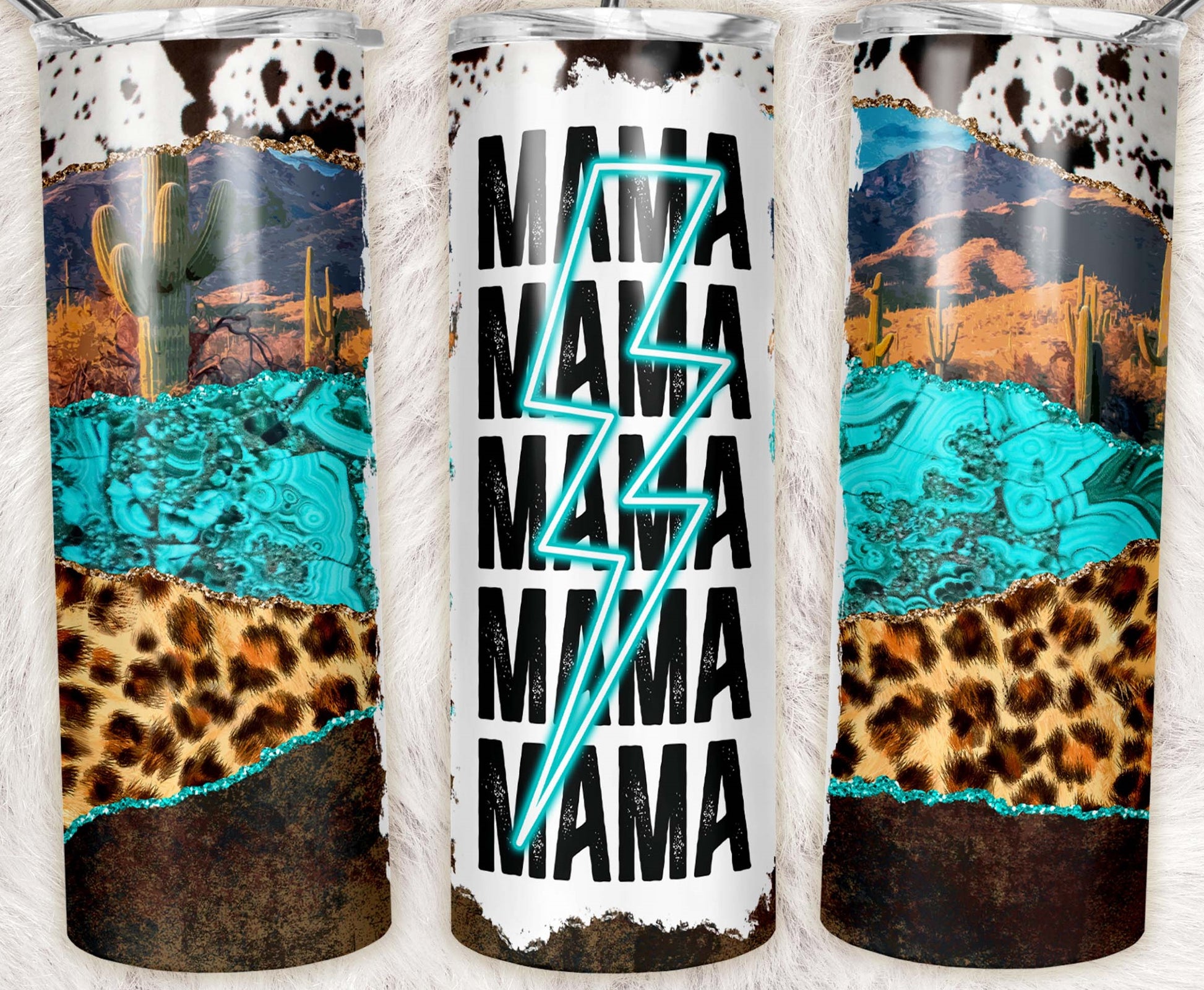 Western Mama 20oz skinny tumbler featuring turquoise stone, desert cactus, cow print, leopard print, and lightning bolt design.