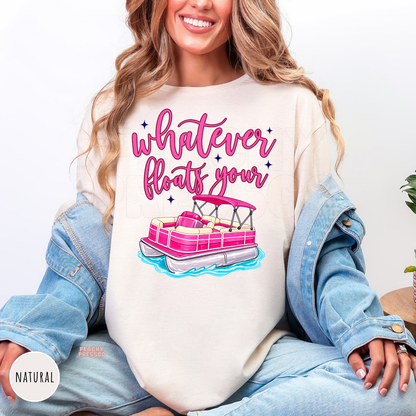 Natural unisex t-shirt featuring a bright pink pontoon boat with the playful phrase "Whatever Floats Your Boat." Cute lake life graphic tee perfect for boating, summer vacations, and weekends on the water.