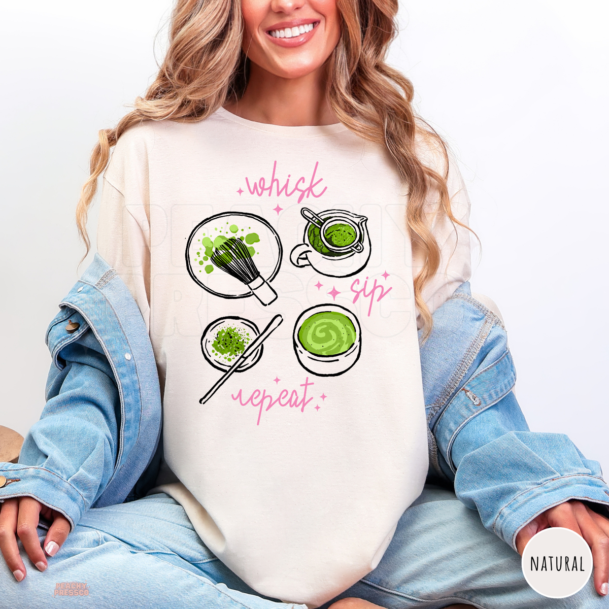Natural Whisk Sip Repeat matcha shirt with green matcha tea bowls, bamboo whisk, matcha powder illustrations, and cute pink script lettering.