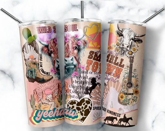 Wild Soul western tumbler with Highland cow, cowboy boots, cacti, guitar, desert scenery, and cowgirl-inspired artwork.