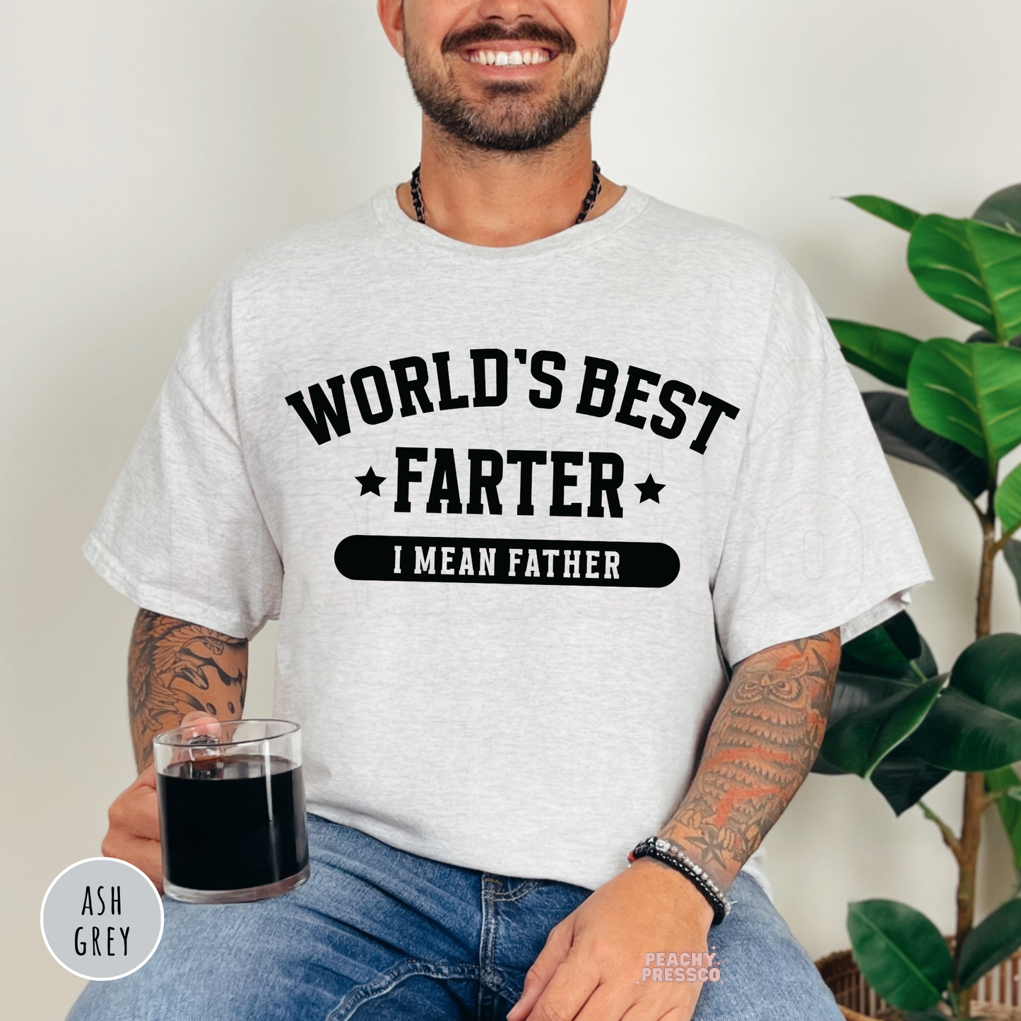 Ash Grey unisex t-shirt featuring the World's Best Farter I Mean Father design with bold black lettering, a funny gift for Father's Day.