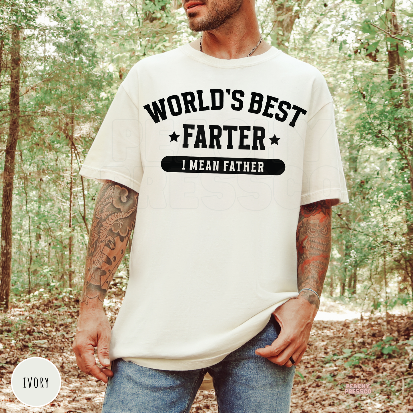Ivory Comfort Colors t-shirt featuring the World's Best Farter I Mean Father graphic with bold black lettering, a humorous Father's Day gift.